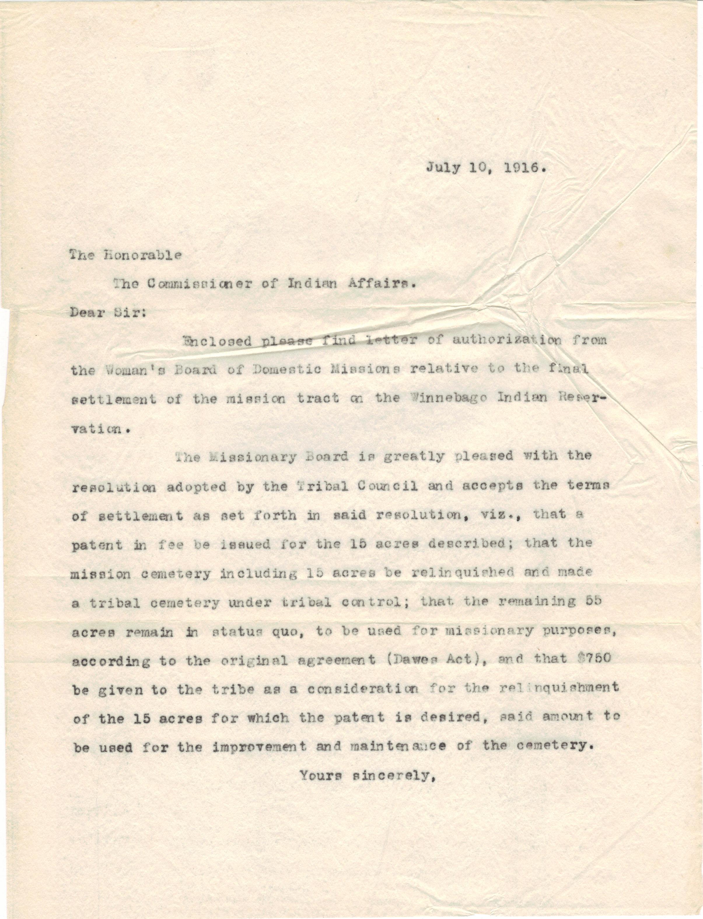 July 10, 1916: Authorization cover letter